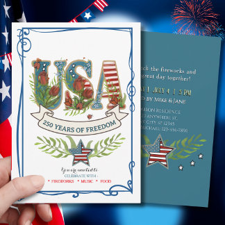 USA 250 Years of Freedom  Watercolor 4th July  Inv Invitation