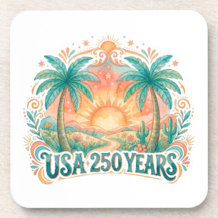 USA 250 Years Palm Trees Patriotic Desert Sunrise Coaster