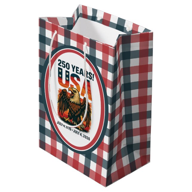 USA 250 Years – Patriotic Bald Eagle July 4th 2026 Medium Gift Bag (Back Angled)