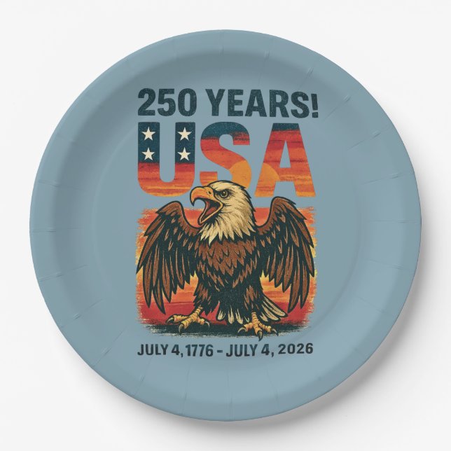 USA 250 Years – Patriotic Bald Eagle July 4th 2026 Paper Plate (Front)