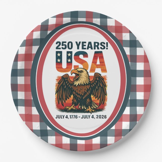 USA 250 Years – Patriotic Bald Eagle July 4th 2026 Paper Plate (Front)
