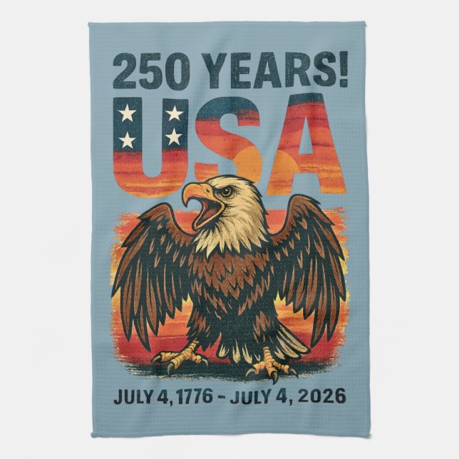 USA 250 Years – Patriotic Bald Eagle July 4th 2026 Tea Towel (Vertical)