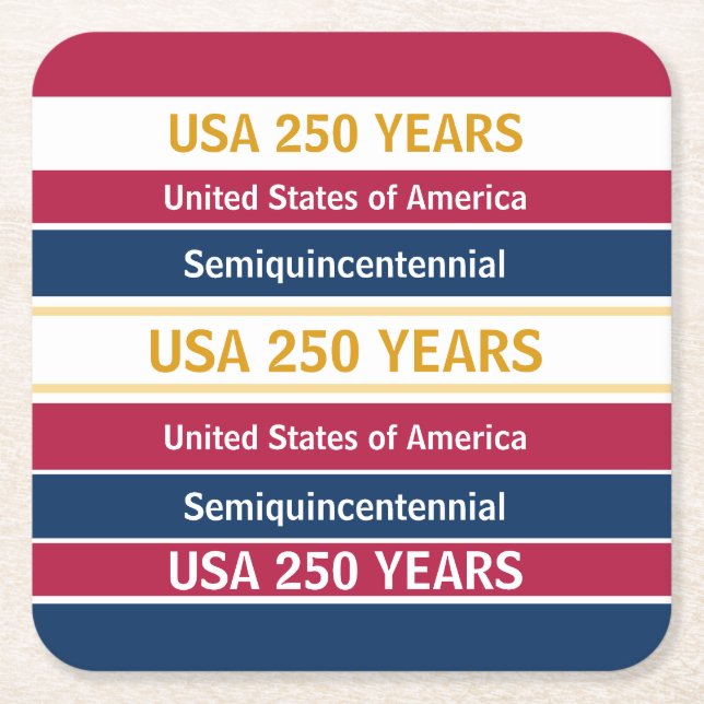 USA 250 Years Semiquincentennial Patriotic Stripes Square Paper Coaster (Front)