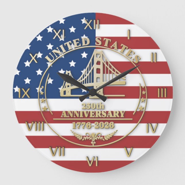 USA 250th Anniversary Golden Gate Patriotic Flag Large Clock (Front)