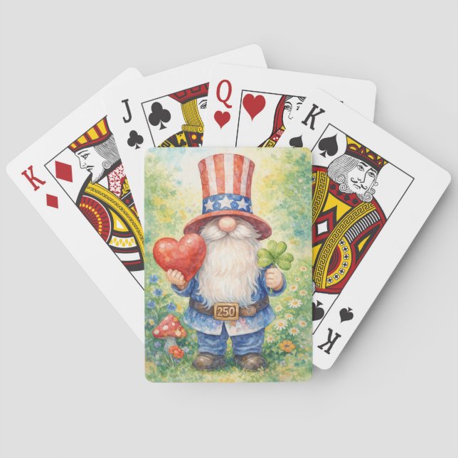 USA 250th Anniversary Patriotic Gnome Heart Shamro Playing Cards (Back)