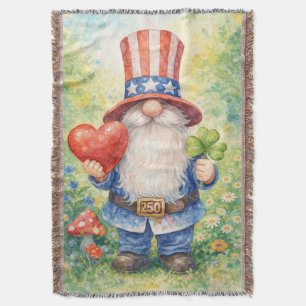 USA 250th Anniversary Patriotic Gnome Heart Shamro Throw Blanket
