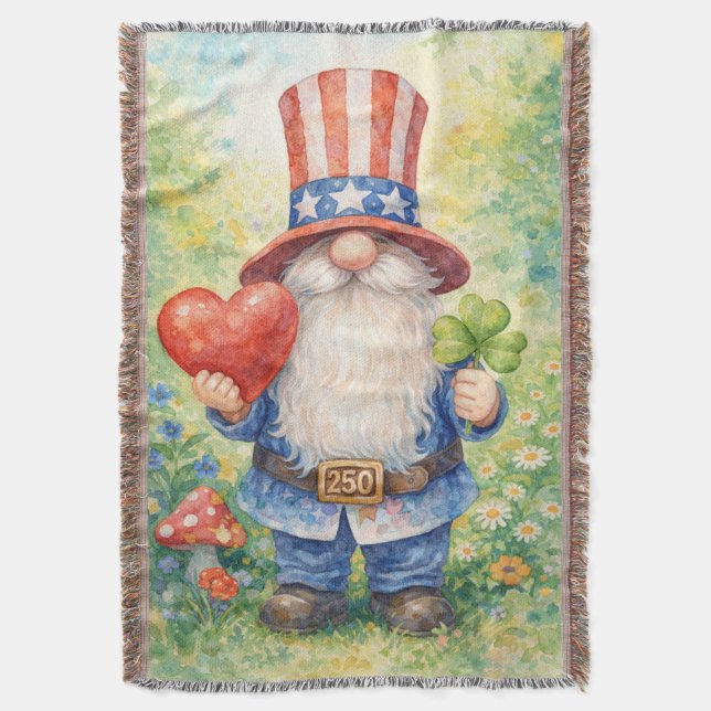 USA 250th Anniversary Patriotic Gnome Heart Shamro Throw Blanket (Front Vertical)