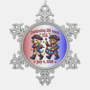 USA 250th Anniversary Souvenir - Patriotic Snowflake Pewter Christmas Ornament