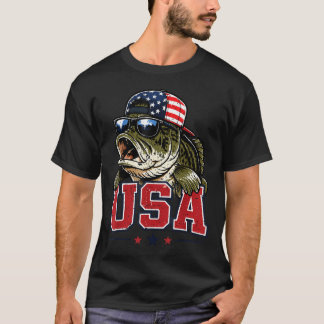 Usa 4Th July Fishing American Flag Boys Bass Fish T-Shirt