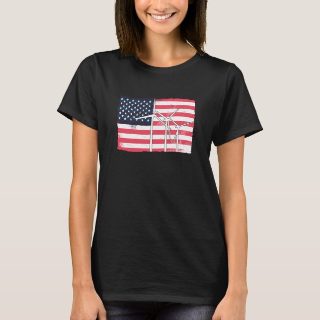 USA America Flag Wind Turbine Energy T-Shirt (Front)