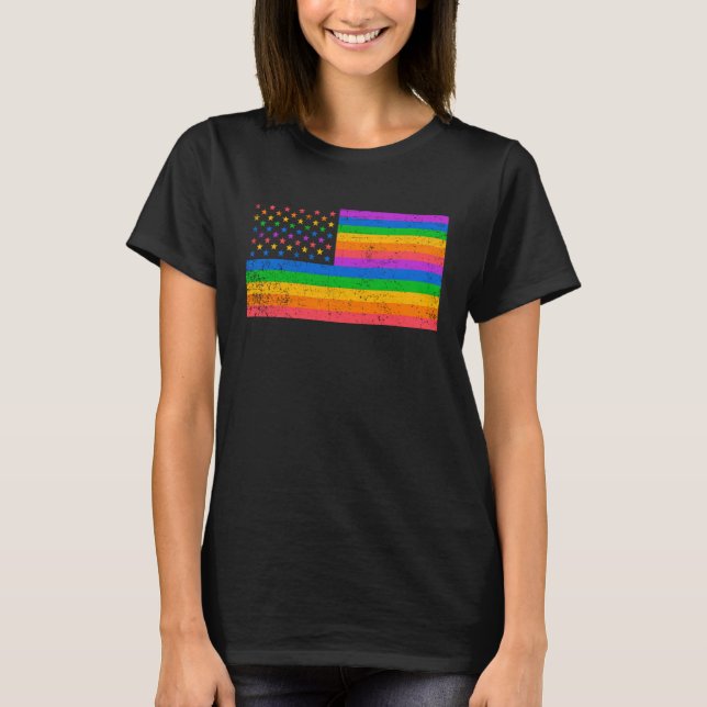 USA American Distressed Grunge Flag LGBTQ Ally Gay T-Shirt (Front)