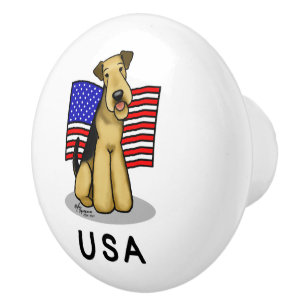 USA American Flag Airedale Terrier Dog - Cute Ceramic Knob