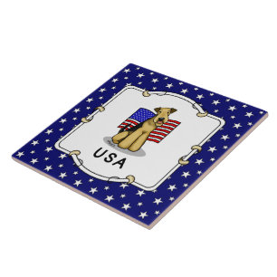USA American Flag Airedale Terrier Dog - Cute Ceramic Tile