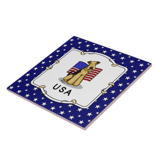 USA American Flag Airedale Terrier Dog - Cute Ceramic Tile (Side)
