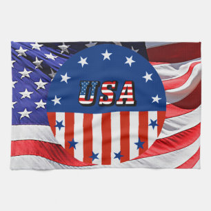 USA - American Flag and Stars in Circle Tea Towel