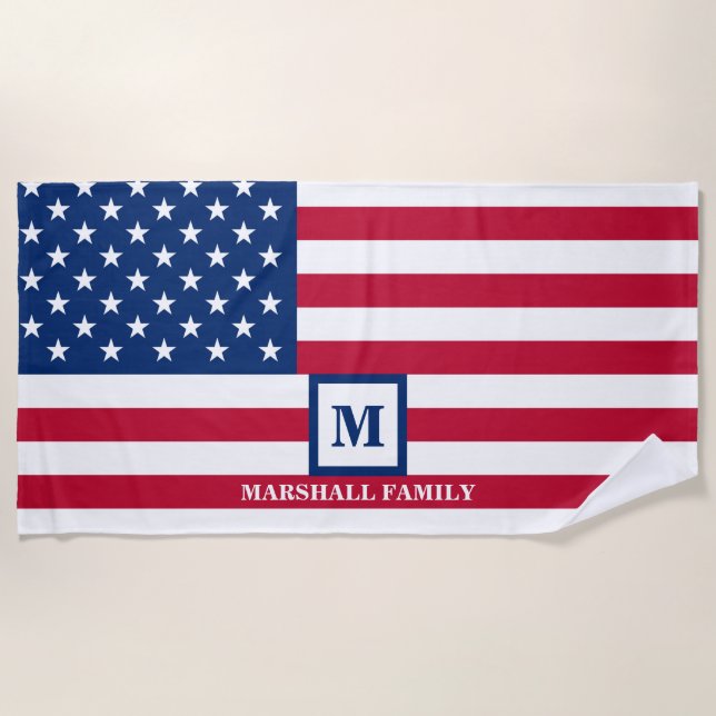 USA American Flag Customised Monogram 4th Of July Beach Towel (Front)