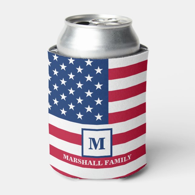 USA American Flag Customised Monogram 4th Of July Can Cooler (Can Front)