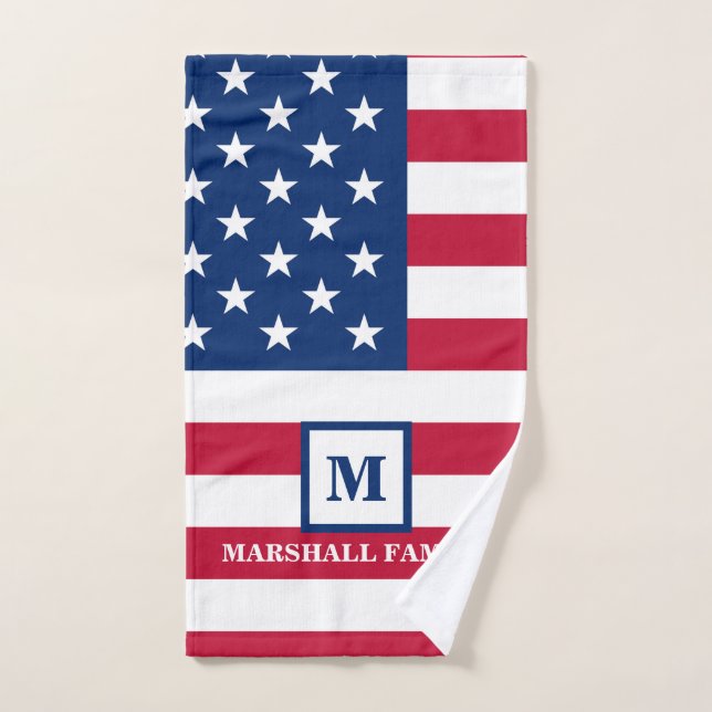 USA American Flag Customised Monogram 4th Of July Hand Towel (Hand Towel)