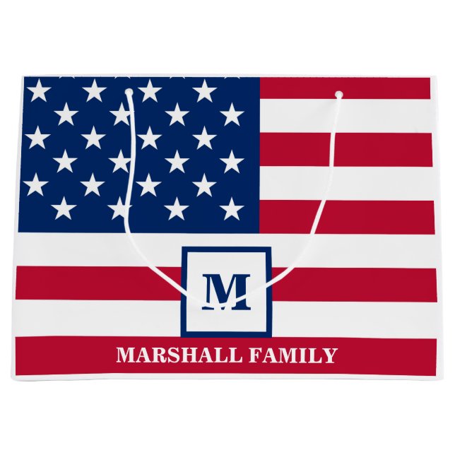 USA American Flag Customised Monogram 4th Of July Large Gift Bag (Front)