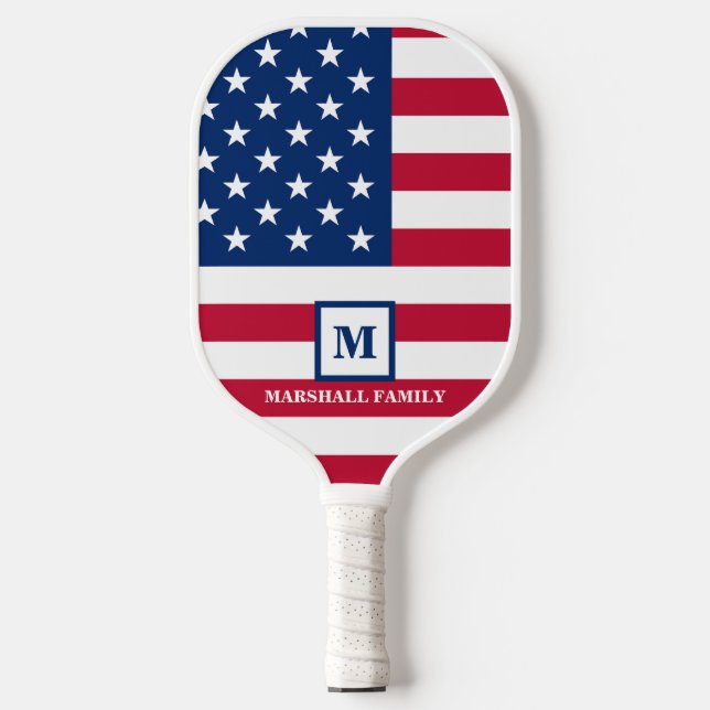 USA American Flag Customised Monogram 4th Of July Pickleball Paddle (Front)