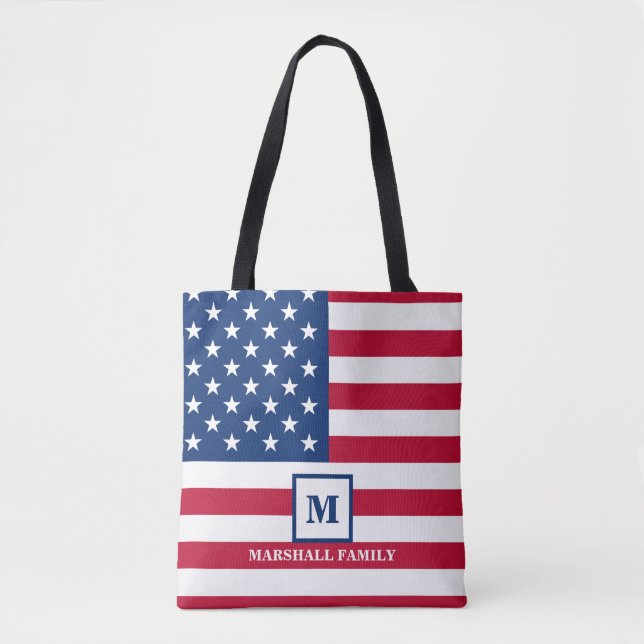 USA American Flag Customised Monogram 4th Of July Tote Bag (Front)