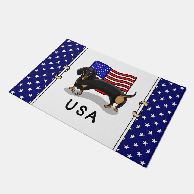 USA American Flag Dachshund - (black & tan) Doormat (Angled)