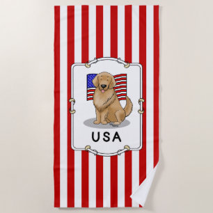 USA American Flag Golden Retriever Dog Patriotic Beach Towel