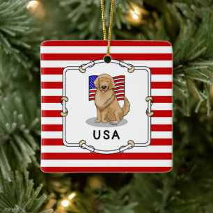 USA American Flag Golden Retriever Dog Patriotic Ceramic Ornament