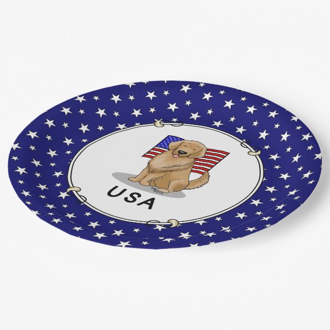 USA American Flag Golden Retriever Dog Patriotic Paper Plate (Angled)