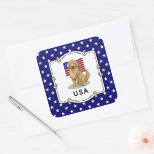 USA American Flag Golden Retriever Dog Patriotic Square Sticker