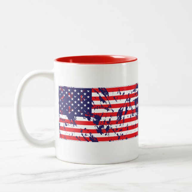 USA - American Flag in a Distressed Pattern Two-Tone Coffee Mug (Left)