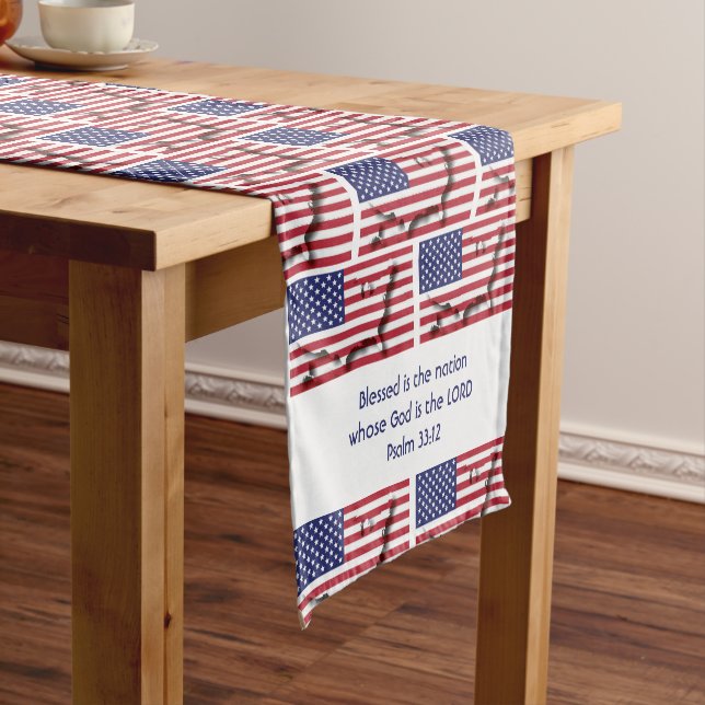 USA AMERICAN Flag Map Customised Scripture Short Table Runner (In Situ)
