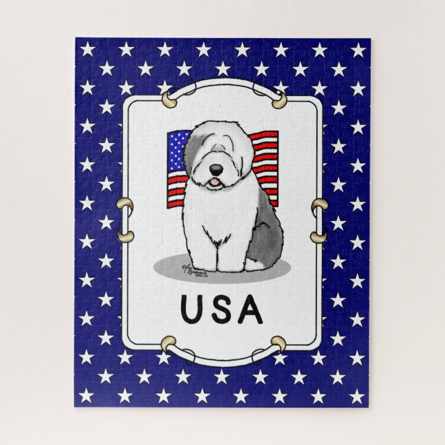 USA American Flag Old English Sheepdog (Gray 1) Jigsaw Puzzle (Vertical)