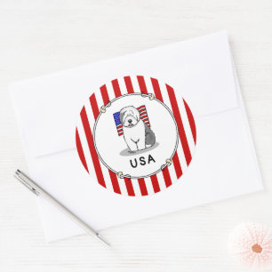 USA American Flag Old English Sheepdog (Grey 1) Classic Round Sticker
