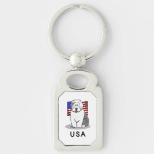 USA American Flag Old English Sheepdog (Grey 1) Key Ring