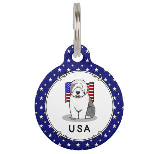 USA American Flag Old English Sheepdog (Grey 1) Pet Tag