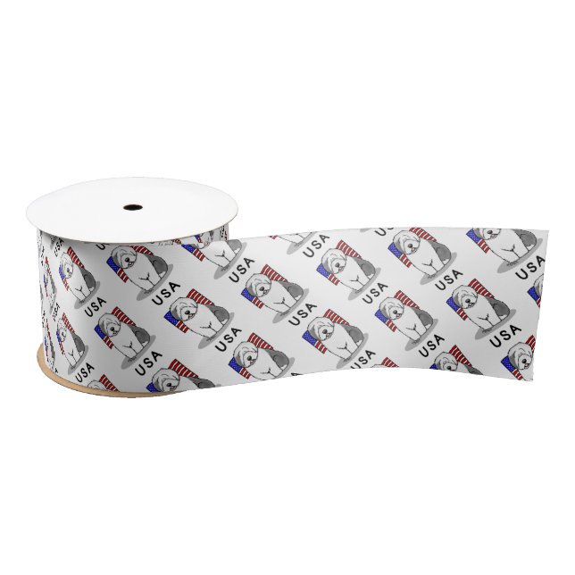 USA American Flag Old English Sheepdog (Grey 1) Satin Ribbon (Spool)