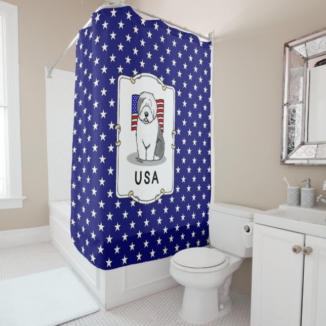 USA American Flag Old English Sheepdog (Grey 1) Shower Curtain (In Situ)