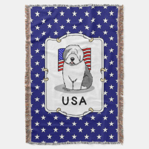 USA American Flag Old English Sheepdog (Grey 1) Throw Blanket