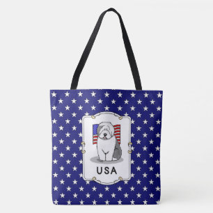 USA American Flag Old English Sheepdog (Grey 1) Tote Bag