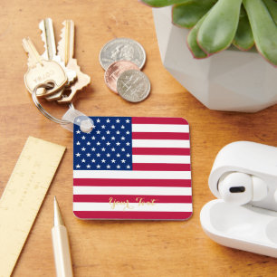 USA American Flag Patriotic Faux Gold Monogrammed Key Ring