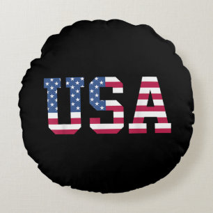 USA American Flag Patriotic Red White Blue Stars & Round Cushion