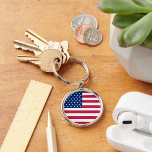 USA American Flag Patriotic Round Metal Keychain