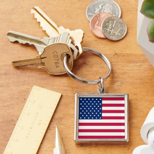 USA American Flag Patriotic Square Metal Keychain