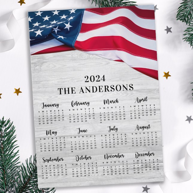 USA American Flag Patriotic Wood 12 Month Calendar Holiday Card (Creator Uploaded)