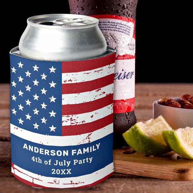 USA American Flag Personalised 4th Of July Party  Can Cooler (Creator Uploaded)