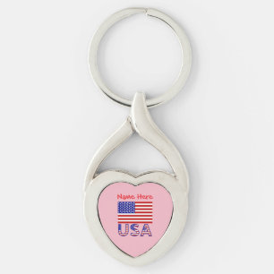 USA American Flag Red Personalised Heart Key Ring
