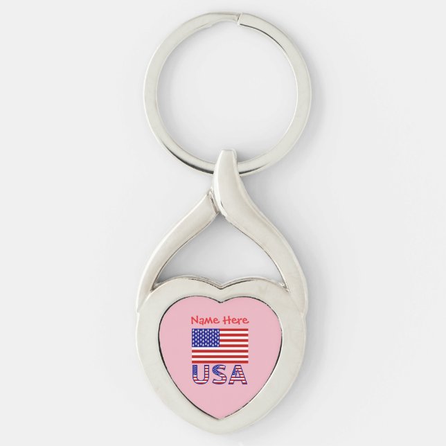 USA American Flag Red Personalised Heart Key Ring (Front)