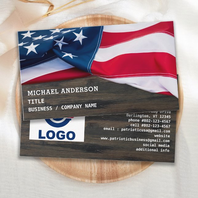 USA American Flag Your Logo Rustic Wood Patriotic  Business Card (Creator Uploaded)
