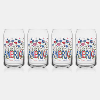 USA American Wildflowers Patriotic 4th of July Fun Can Glass
